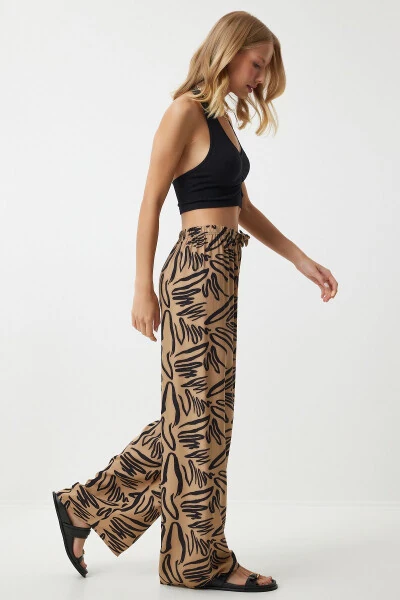 Women's Dark Beige Patterned Draped Viscose Palazzo Pants EN00606 - HAPPINESS İSTANBUL (1)
