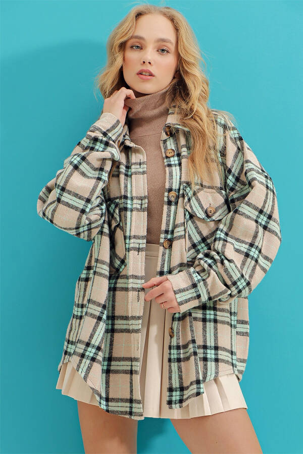 Women's Dark Beige Plaid Wool Cotton Oversize Safari Jacket Shirt ALC-X7142 - 2