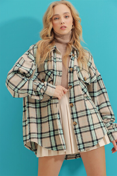 Women's Dark Beige Plaid Wool Cotton Oversize Safari Jacket Shirt ALC-X7142 - 3