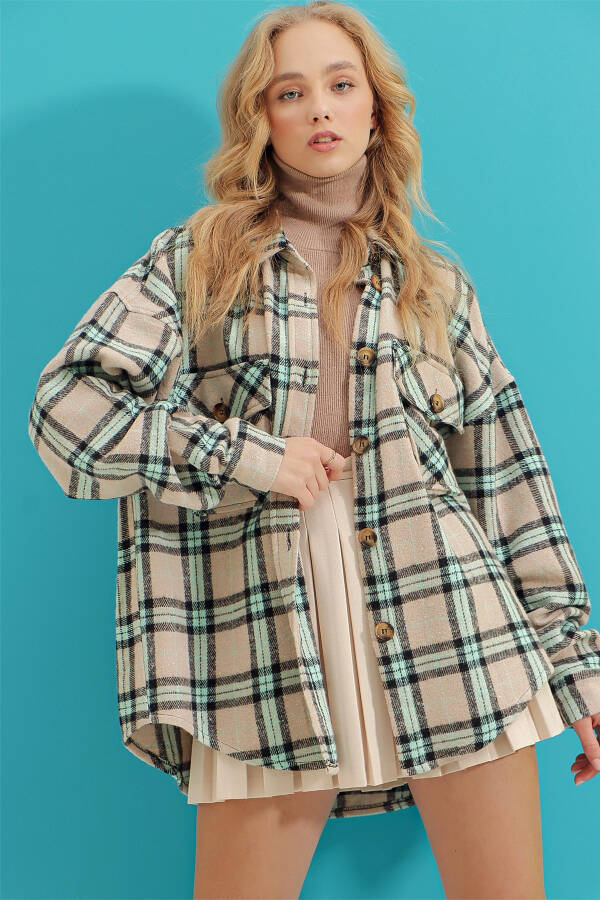 Women's Dark Beige Plaid Wool Cotton Oversize Safari Jacket Shirt ALC-X7142 - 3