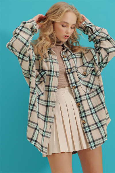 Women's Dark Beige Plaid Wool Cotton Oversize Safari Jacket Shirt ALC-X7142 - 4