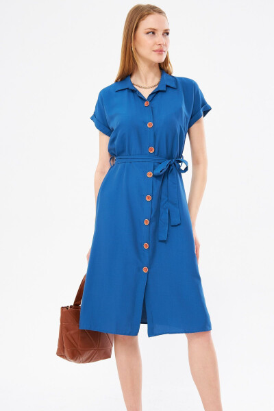 Women's Dark Blue Belted Short Sleeve Shirt Dress ARM-19Y001068 - 1