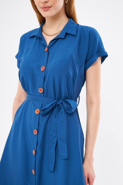 Women's Dark Blue Belted Short Sleeve Shirt Dress ARM-19Y001068 - 2