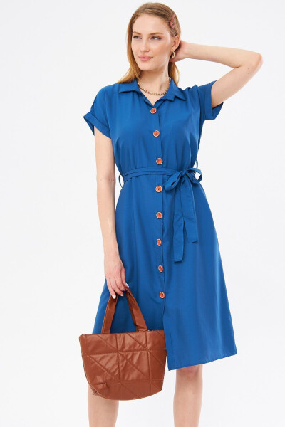 Women's Dark Blue Belted Short Sleeve Shirt Dress ARM-19Y001068 - 3