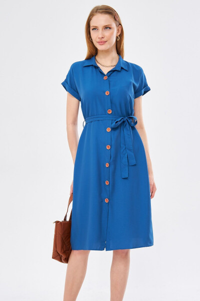 Women's Dark Blue Belted Short Sleeve Shirt Dress ARM-19Y001068 - 4