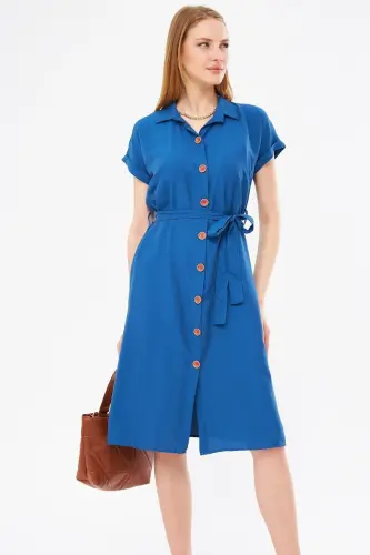 Women's Dark Blue Belted Short Sleeve Shirt Dress ARM-19Y001068 