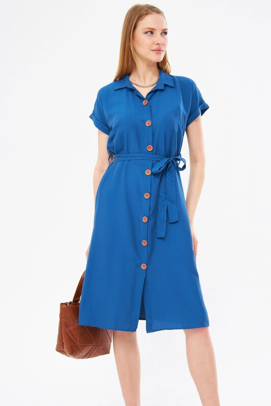 Women's Dark Blue Belted Short Sleeve Shirt Dress ARM-19Y001068 - 1