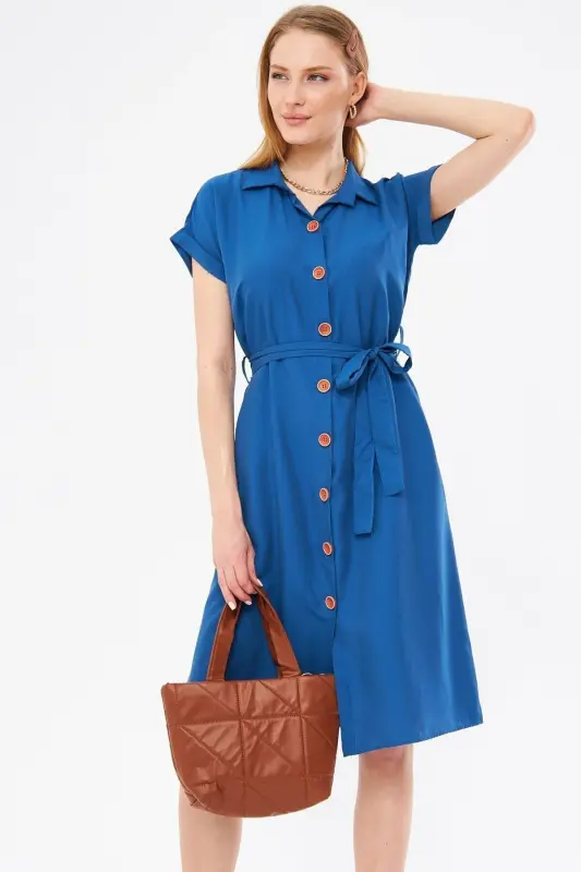 Women's Dark Blue Belted Short Sleeve Shirt Dress ARM-19Y001068 - 3