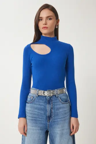 Women's Dark Blue Cut Out Detailed Ribbed Knit Blouse GT00065-Dark Blue - 3