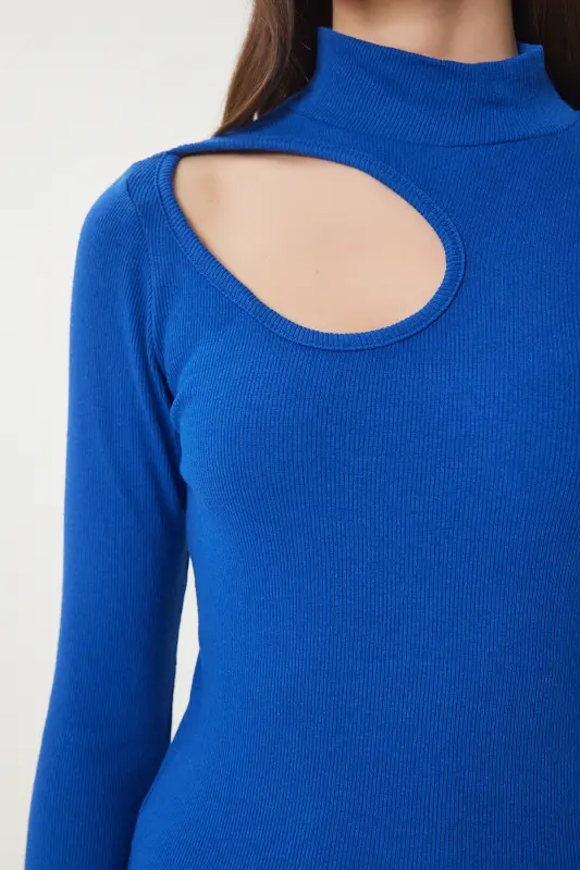 Women's Dark Blue Cut Out Detailed Ribbed Knit Blouse GT00065-Dark Blue - 5