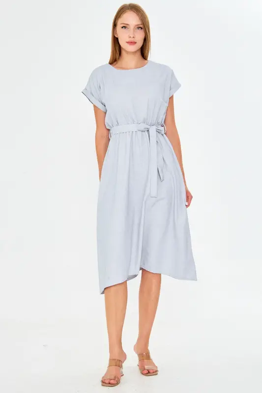 Women's Dark Blue Elastic Waist Tie Dress ARM-18Y001133-Dark Blue - 2