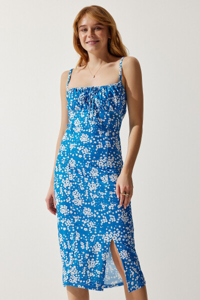 Women's Dark Blue Floral Print Summer Knit Dress with Slit CI00029 - 2