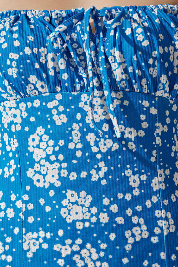 Women's Dark Blue Floral Print Summer Knit Dress with Slit CI00029 - 4