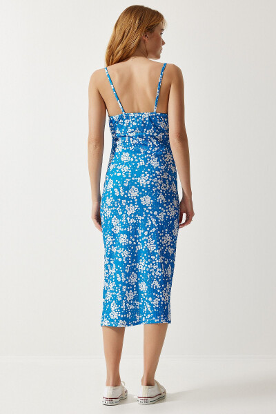 Women's Dark Blue Floral Print Summer Knit Dress with Slit CI00029 - 5