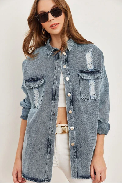 Women's Dark Blue Laser Cut Pocket Back Applique Detail Denim Shirt Jacket - 1