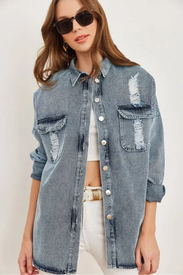 Women's Dark Blue Laser Cut Pocket Back Applique Detail Denim Shirt Jacket - 1