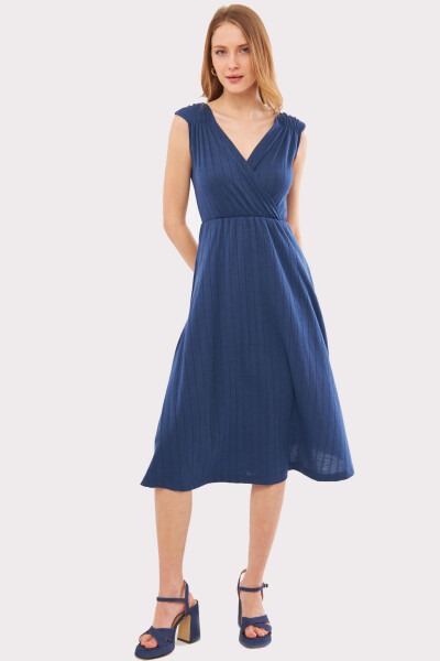 Women's Dark Blue Midi Dress with Elastic Waist and Shoulders, Lined, Wrap Neck ARM-24Y001017 - 6