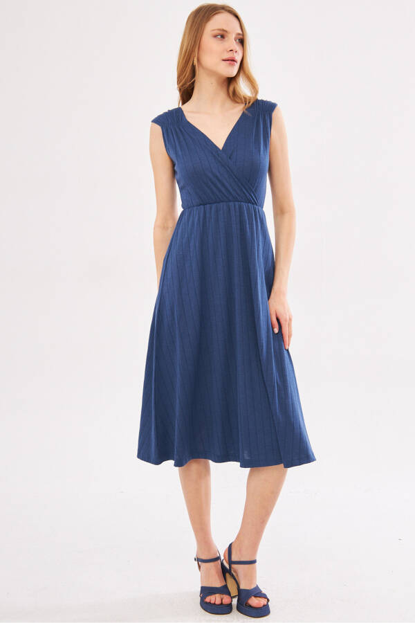 Women's Dark Blue Midi Dress with Elastic Waist and Shoulders, Lined, Wrap Neck ARM-24Y001017 - 8