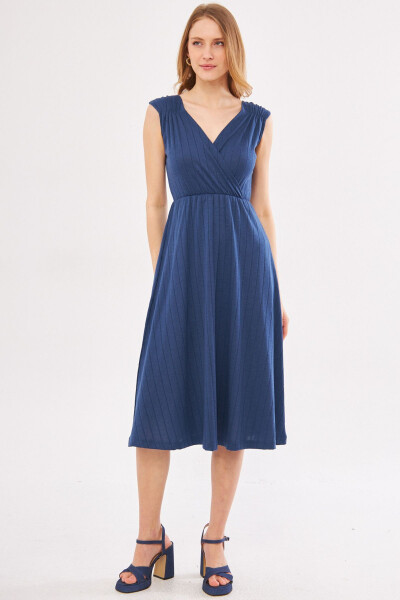 Women's Dark Blue Midi Dress with Elastic Waist and Shoulders, Lined, Wrap Neck ARM-24Y001017 - 9