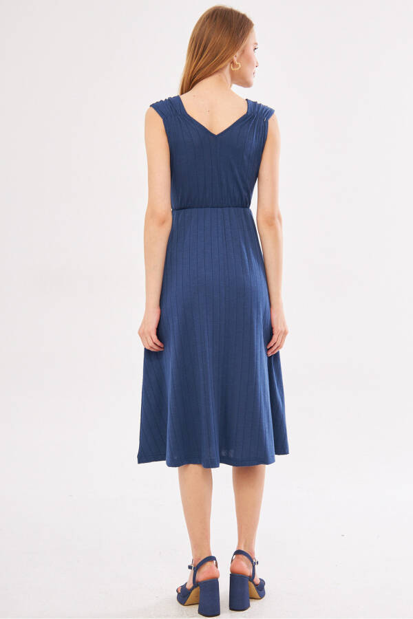 Women's Dark Blue Midi Dress with Elastic Waist and Shoulders, Lined, Wrap Neck ARM-24Y001017 - 10