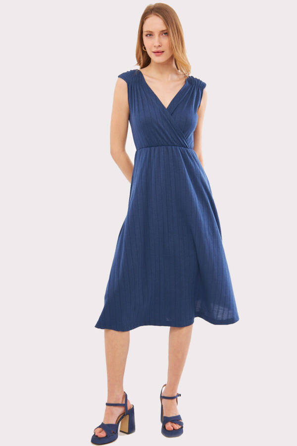 Women's Dark Blue Midi Dress with Elastic Waist and Shoulders, Lined, Wrap Neck ARM-24Y001017 - 1