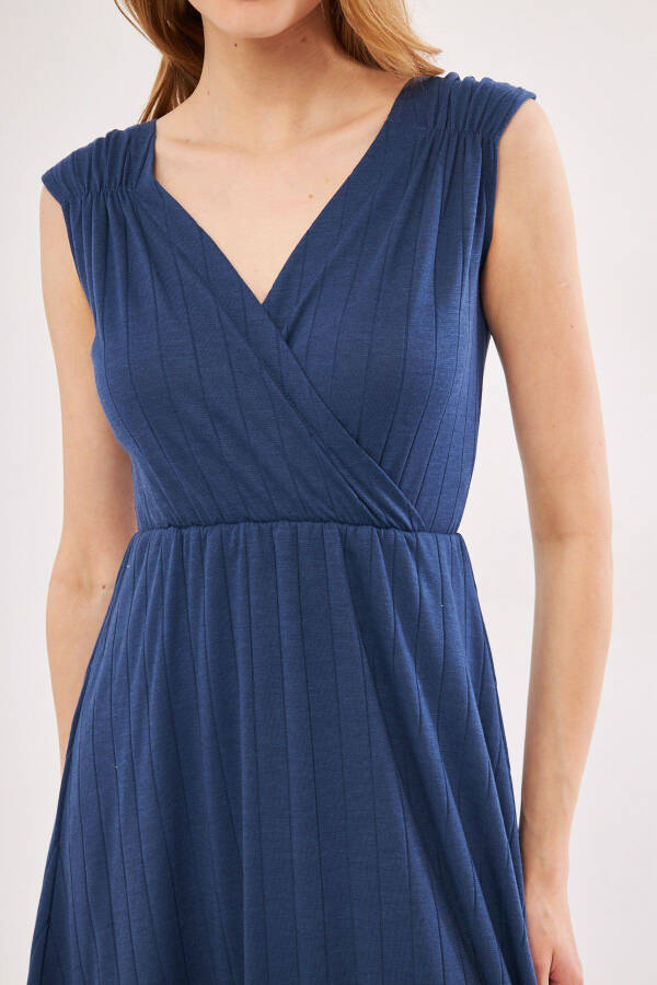 Women's Dark Blue Midi Dress with Elastic Waist and Shoulders, Lined, Wrap Neck ARM-24Y001017 - 2