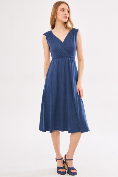 Women's Dark Blue Midi Dress with Elastic Waist and Shoulders, Lined, Wrap Neck ARM-24Y001017 - 3