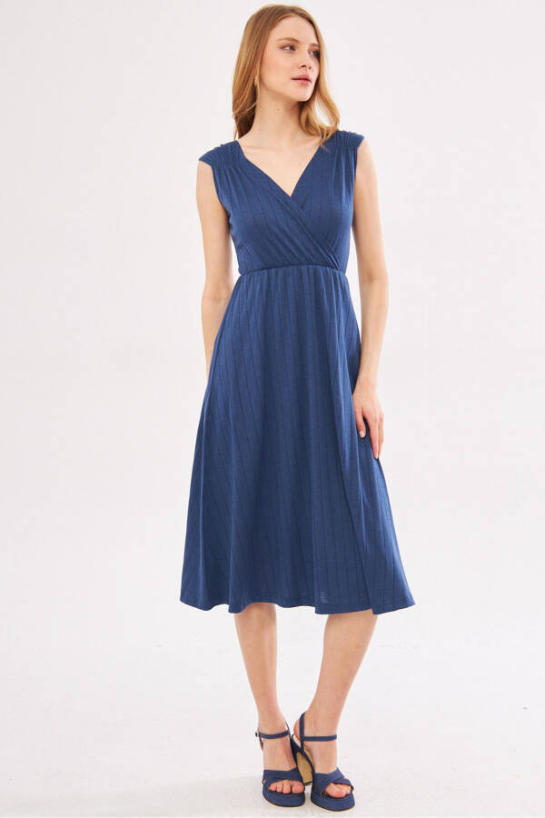 Women's Dark Blue Midi Dress with Elastic Waist and Shoulders, Lined, Wrap Neck ARM-24Y001017 - 3