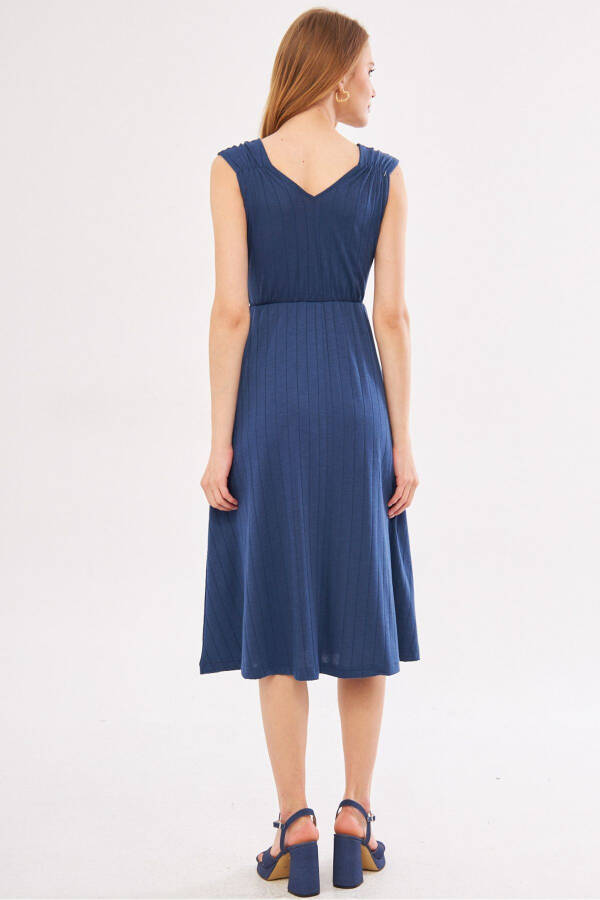 Women's Dark Blue Midi Dress with Elastic Waist and Shoulders, Lined, Wrap Neck ARM-24Y001017 - 5