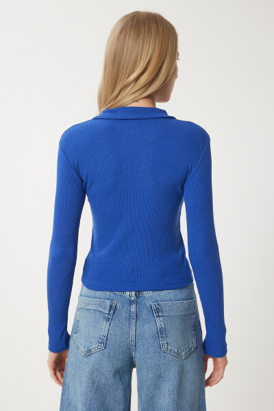 Women's Dark Blue Polo Neck Ribbed Knit Blouse GT00111 - 3