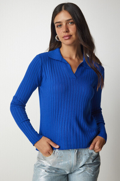 Women's Dark Blue Polo Neck Ribbed Knit Sweater BV00011 - HAPPINESS İSTANBUL (1)