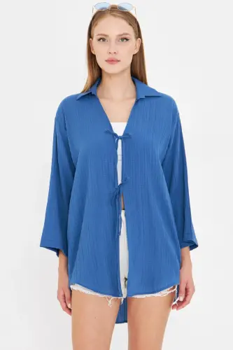Women's Dark Blue Shirt Collar Tie Front Kimono Shirt ARM-25K001006-Dark Blue 