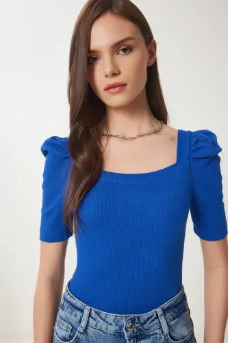 Women's Dark Blue Square Neck Ribbed Crop Blouse GT00007-Dark Blue 
