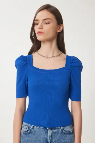 Women's Dark Blue Square Neck Ribbed Crop Blouse GT00007-Dark Blue - 4