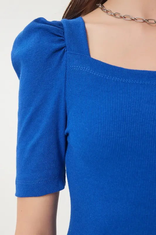 Women's Dark Blue Square Neck Ribbed Crop Blouse GT00007-Dark Blue - 5
