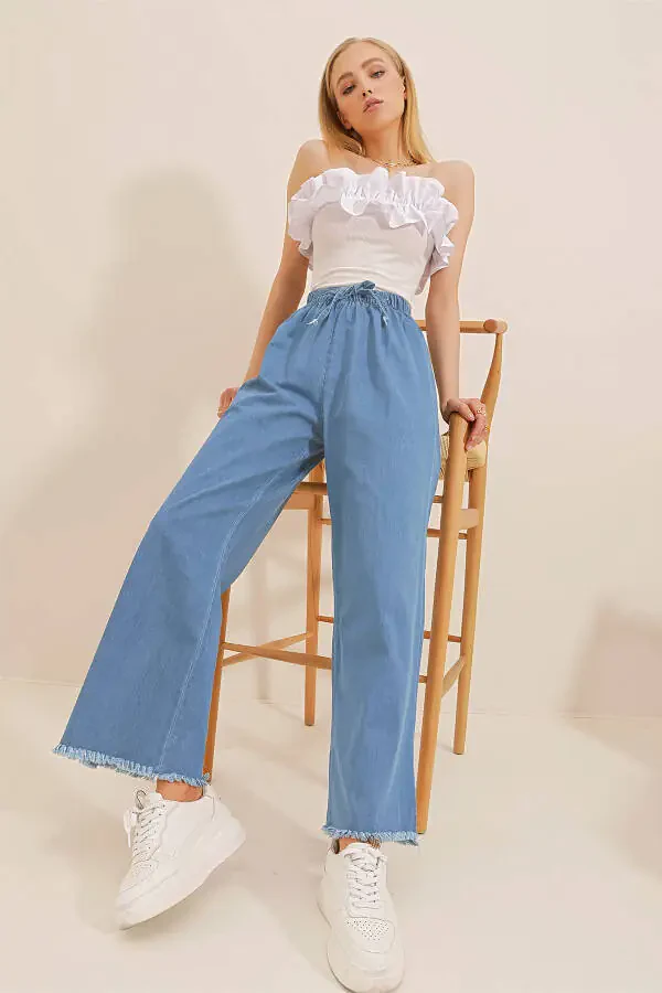 Women's Dark Blue Tassel High Waist Palazzo Jean Trousers ALC-X8930 - 2
