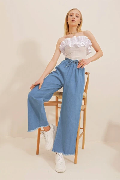 Women's Dark Blue Tassel High Waist Palazzo Jean Trousers ALC-X8930 - 3