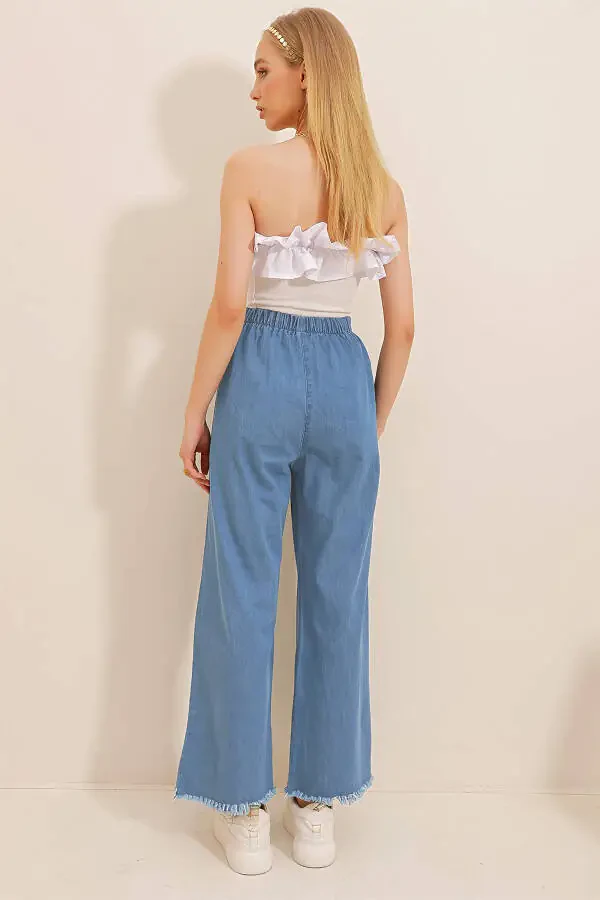Women's Dark Blue Tassel High Waist Palazzo Jean Trousers ALC-X8930 - 4