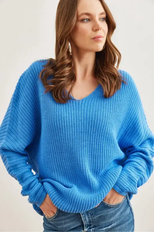 Women's Dark Blue V-Neck Ribbed Knit Oversize Tunic TNK-19000081-Dark Blue - OLALOOK