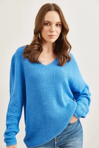 Women's Dark Blue V-Neck Ribbed Knit Oversize Tunic TNK-19000081-Dark Blue - OLALOOK (1)