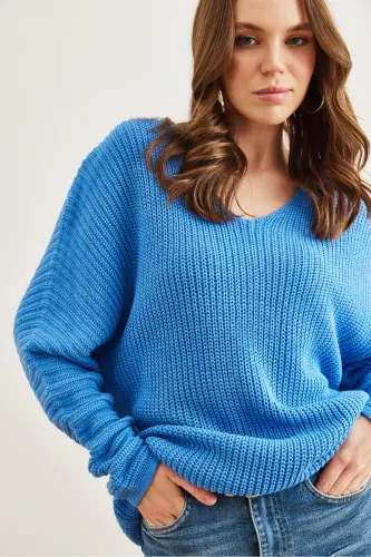 Women's Dark Blue V-Neck Ribbed Knit Oversize Tunic TNK-19000081-Dark Blue - 3