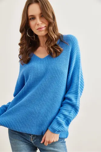 Women's Dark Blue V-Neck Ribbed Knit Oversize Tunic TNK-19000081-Dark Blue - 5