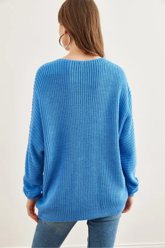 Women's Dark Blue V-Neck Ribbed Knit Oversize Tunic TNK-19000081-Dark Blue - 7