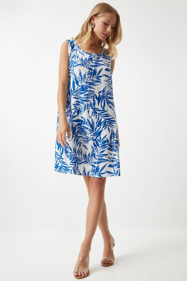 Women's Dark Blue White Patterned Linen Viscose Mini Dress BH00343 - 2