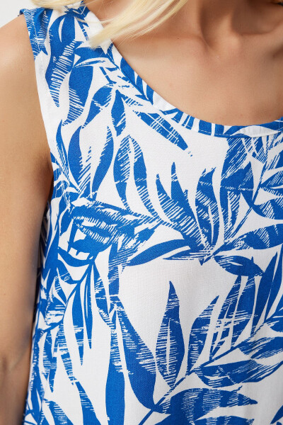 Women's Dark Blue White Patterned Linen Viscose Mini Dress BH00343 - 4