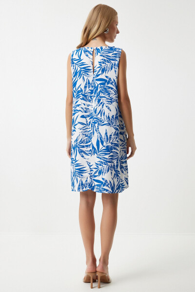 Women's Dark Blue White Patterned Linen Viscose Mini Dress BH00343 - 5
