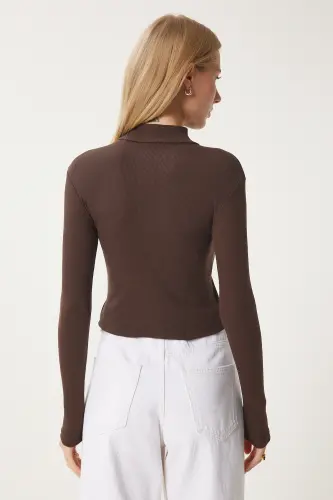 Women's Dark Brown Turtleneck Ribbed Knit Blouse GT00054-Dark Brown - 4