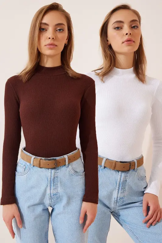 Women's Dark Brown White 2-Pack Ribbed Turtleneck Knit Blouse GT00053-Dark Brown White - 1