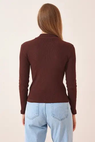 Women's Dark Brown White 2-Pack Ribbed Turtleneck Knit Blouse GT00053-Dark Brown White - 7