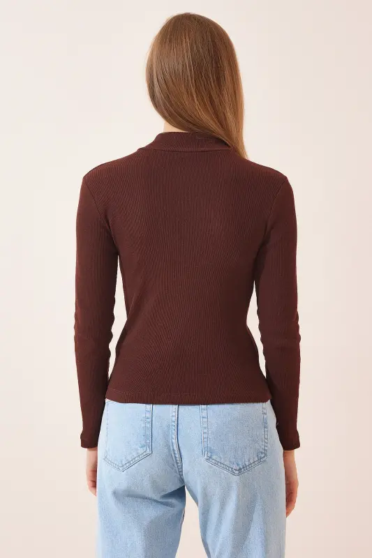Women's Dark Brown White 2-Pack Ribbed Turtleneck Knit Blouse GT00053-Dark Brown White - 7